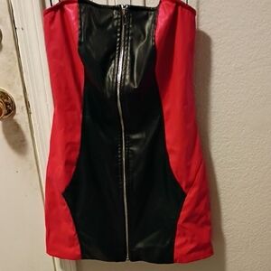 Windsor Black Faux Leather Strapless Mini Dress with Red Side Panels